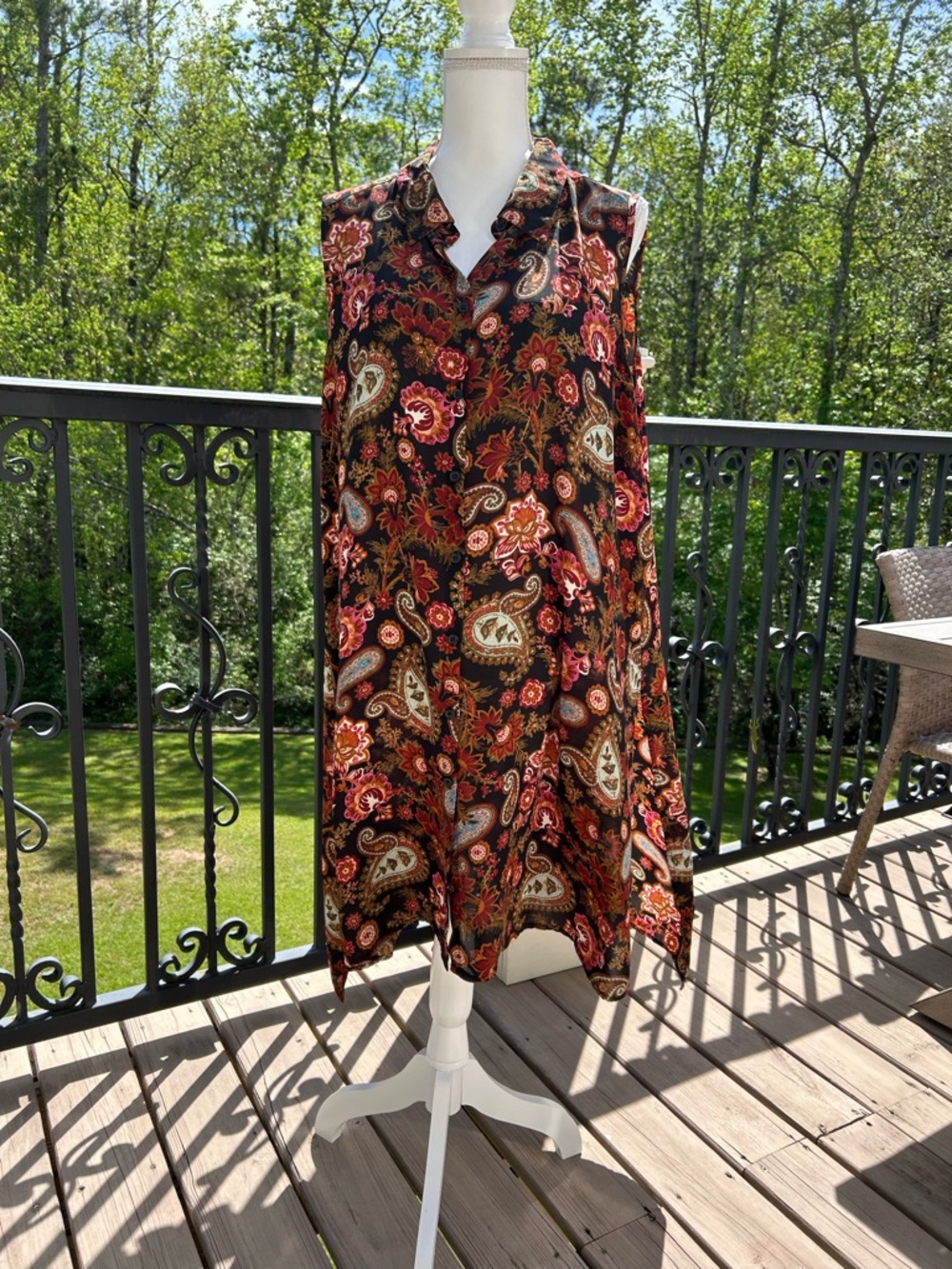 Spense Black Multi Paisley Floral Sleeveless Maxi style top with slits 2X
